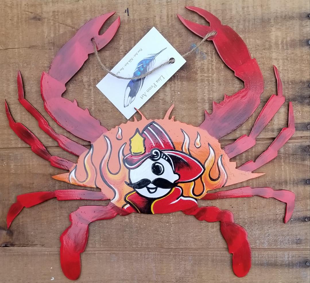Hand Painted Mr. National Bohemian Firefighter Crab Wall Hanging